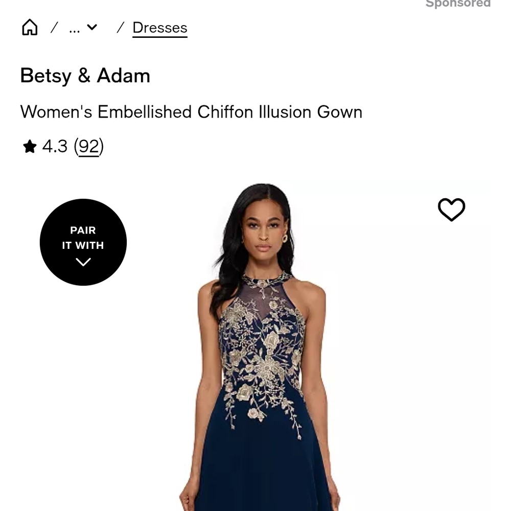 Betsy & Adam Navy Embellished Chiffon Illusion Gown